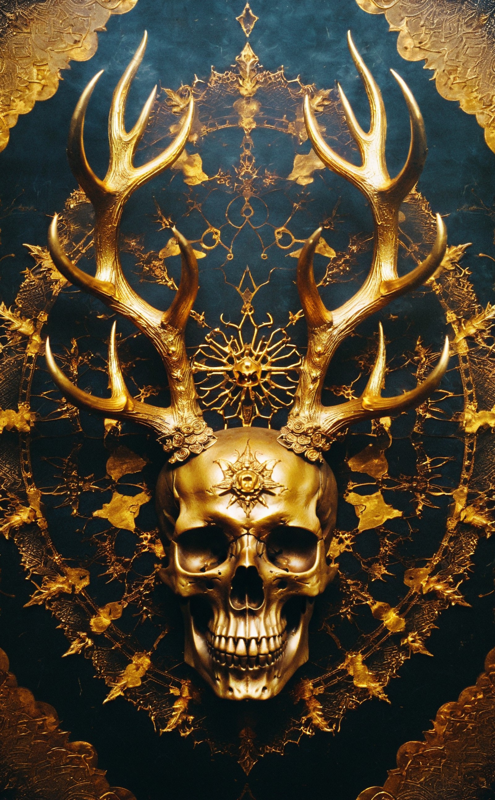film photography aesthetic,Majestic skull adorned with golden antlers, intricate mandala motif background, bronze and gold...